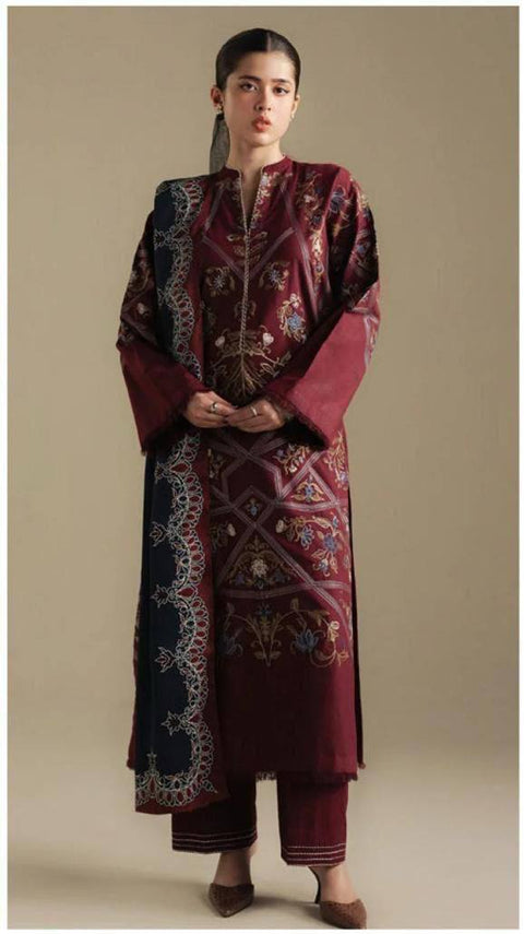 Maroon  3-Piece Suit with Embroidered Details
