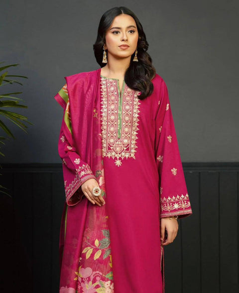 Magenta Embroidered 3-Piece Suit with Floral Dupatta