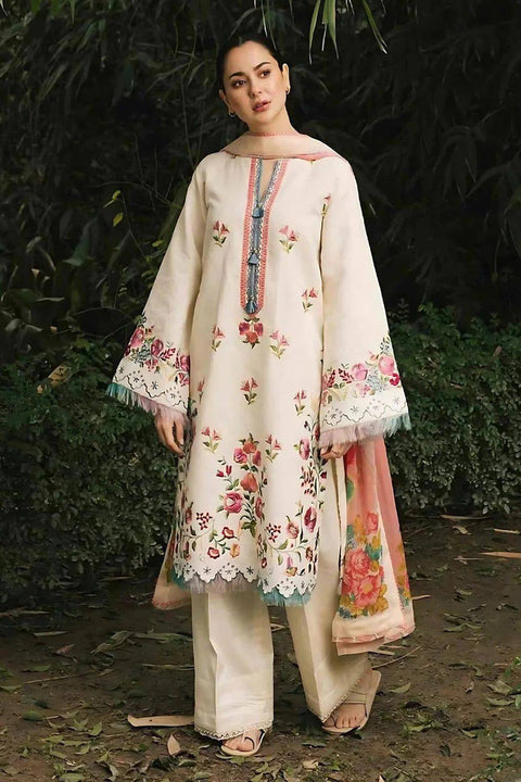 Cream Floral Embroidered 3-Piece Suit with Printed Dupatta