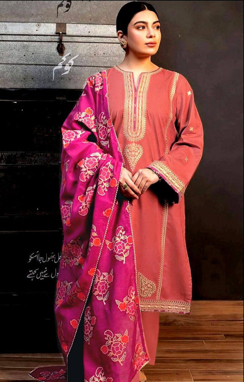 Peach Pink Embroidered 3-Piece Suit with Magenta Floral Dupatta