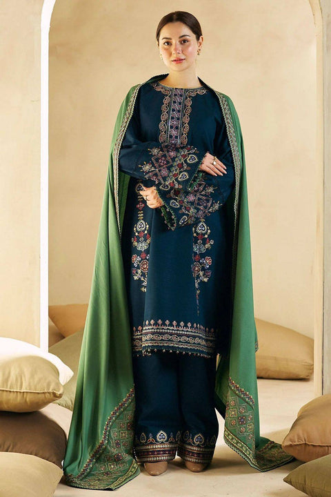 Deep Teal Embroidered 3-Piece Suit with Contrast Green Dupatta