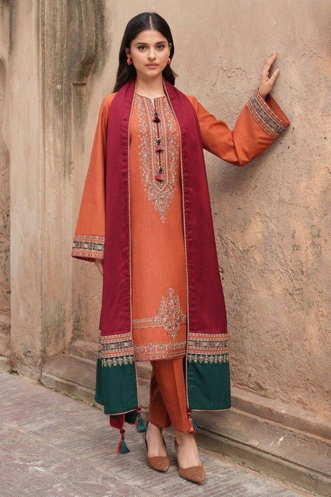 Peach Pink Embroidered 3-Piece Suit with Magenta Floral Dupatta