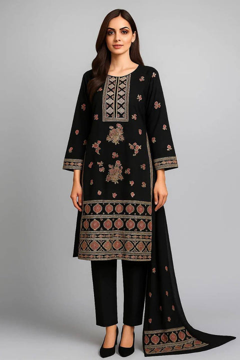 Black Embroidered 3-Piece Khaddar Suit