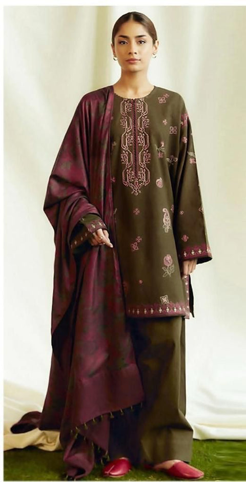 3 PIECE EMBROIDERED WINTER DHANAK UNSTITCHED